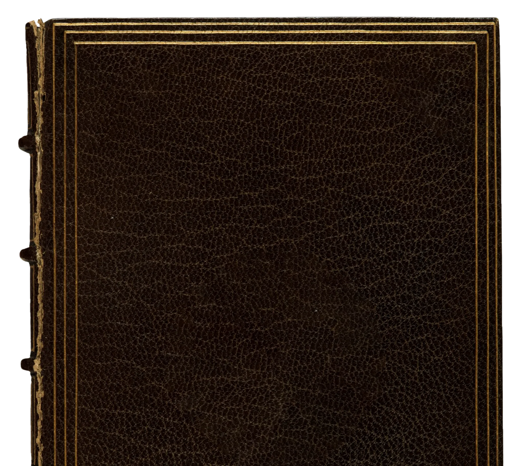 Brown leather book with gold border details along the edges.